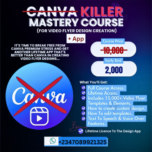 Canva killer mastery course plus app (for video flyer and design creation)